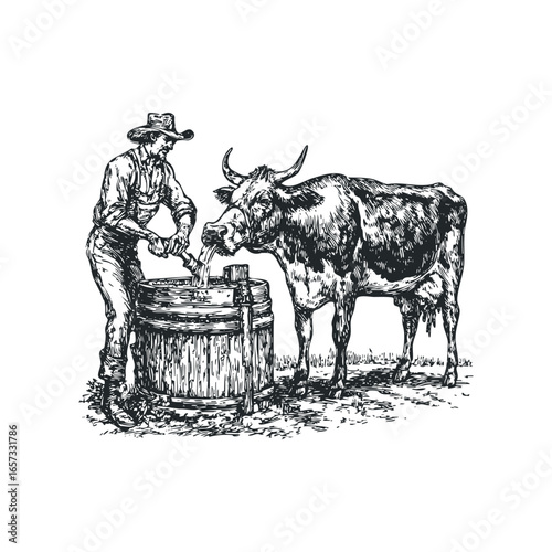 Man with cowboy hat pouring water into barrel for thirsty cow