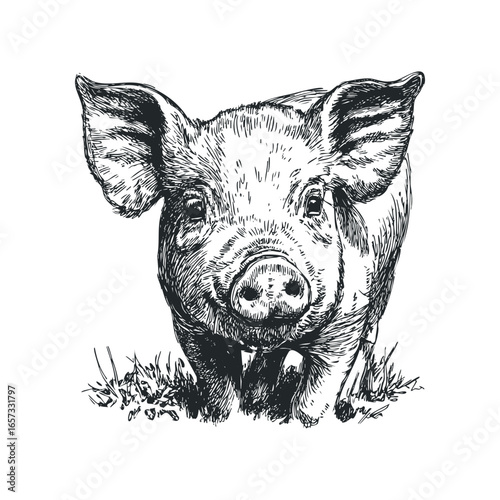 Sketch of a Piglet Face with Expressive Eyes and Ears on Grass