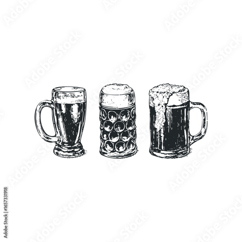 Three different beer mugs filled with frothy beverage sketched on white background