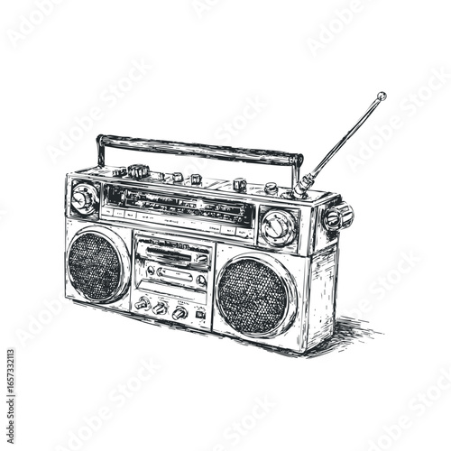 Sketch of a vintage portable stereo with radio and cassette player