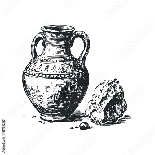 Ancient Amphora and Rock Arrangement Sketch