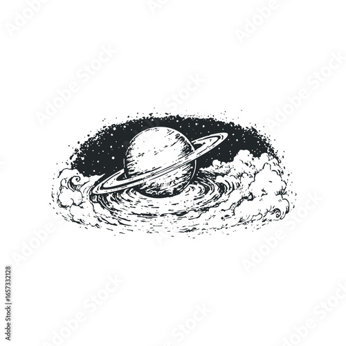 Grayscale drawing of a ringed planet surrounded by swirling nebulae and cosmic dust