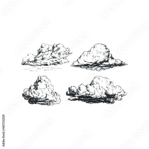 Hand Drawn Collection of Four Cumulus Clouds on White Background