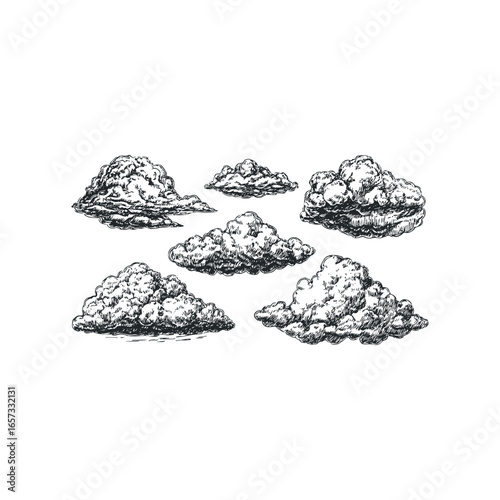 Hand Drawn Cumulus Clouds Isolated on White Background