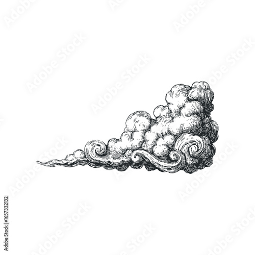 Vintage Style Swirling Cloud Illustration with Intricate Hatching Detail