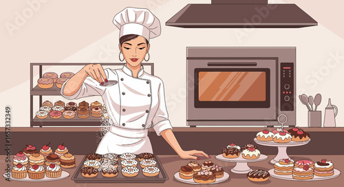 Charming confectioner adding finishing touches to delicious pastries and donuts