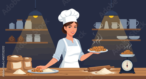 Charming pastry chef presents freshly baked, homemade chocolate chip cookies