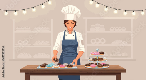 Cheerful baker preparing donuts with a smile in a charming confectionery