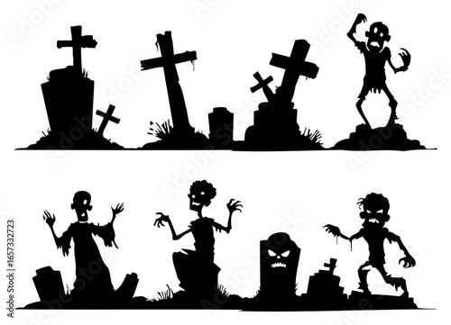 Creepy zombie silhouettes in a graveyard scene