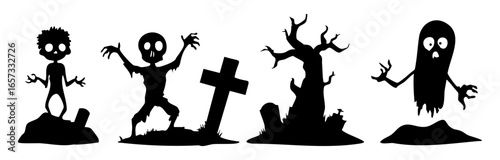Spooky Halloween Silhouettes of Zombies and Ghosts