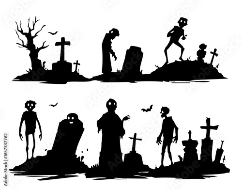 Creepy Halloween Silhouettes of Zombies and Graveyard Scenes
