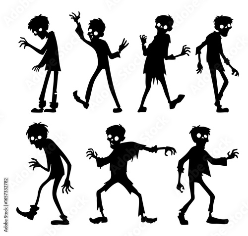 Silhouetted zombie characters in various poses