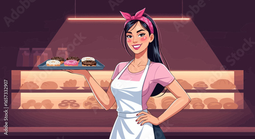 Cheerful bakery worker presents a tray of delectable sweet treats to customers