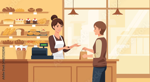 Cheerful female seller serving customer at bakery shop counter scene