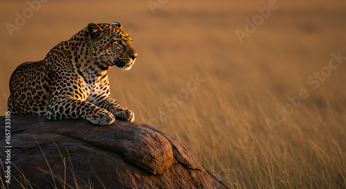 Majestic leopard rests on rock, golden sunset light illuminating its spotted coat in African savanna.