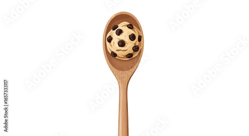 Chocolate Chip Cookie Dough Scoop on Wooden Spoon Isolated on White