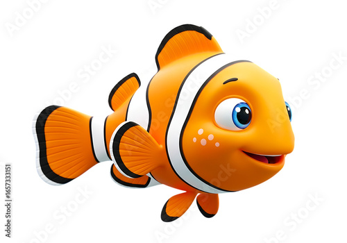 3d Cute cartoon clownfish swimming isolated on transparent background