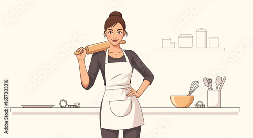 Confident baker woman with rolling pin, ready for cookie creations