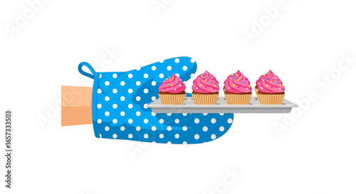 Cupcakes presentation with oven mitt in white background for bakery