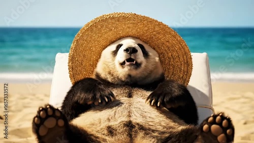 Panda is sunbathing on the beach wearing a straw hat