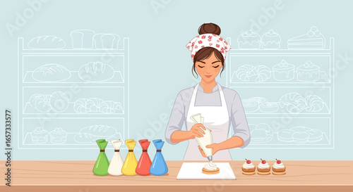Dedicated confectioner precisely decorating mini cakes with cream fillings
