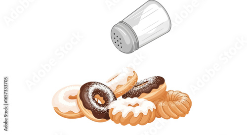 Delicious variety of donuts and a shaker creating mouthwatering dessert concept