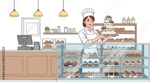 Delightful bakery ambiance with friendly baker presenting a tiered cake
