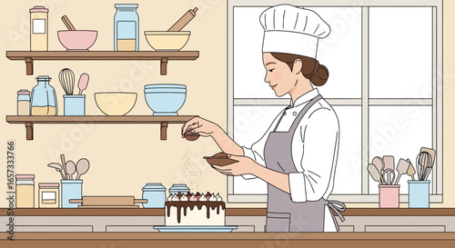 Delightful Cake Decorating Scene with a Professional Chef and Kitchenware