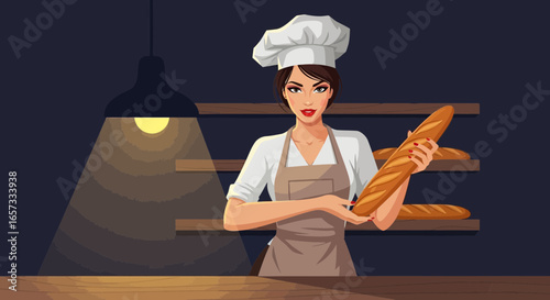Elegant baker proudly presents her artisanal bread in a rustic setting