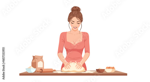 Elegant baker shaping dough with flour, eggs, and rolling pin preparation