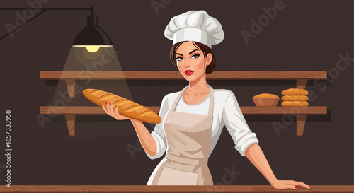 Elegant bakery artisan presenting a fresh baked baguette in warm setting