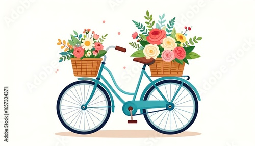 A teal bicycle adorned with two wicker baskets overflowing with vibrant floral bouquets