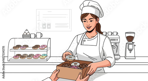 Enchanting confectioner presents a box of assorted delicious donuts to customer