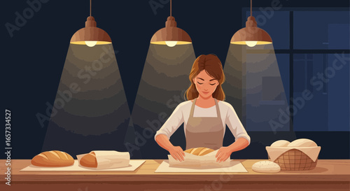 Female baker skillfully wrapping freshly baked bread at night for distribution