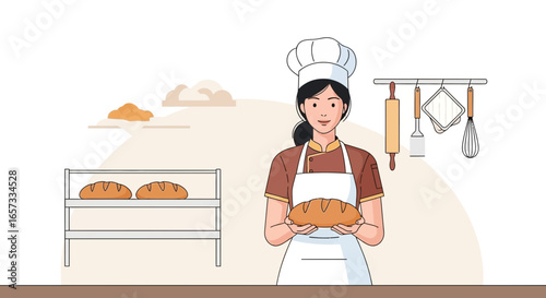 Female baker showcasing freshly baked bread with kitchen utensils around her