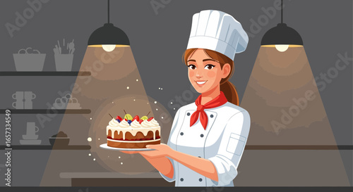 Female confectioner presenting a delectable multi-layered fruit cake creation