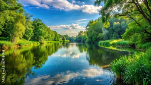 A serene landscape of a river with calm water and lush greenery surrounding it