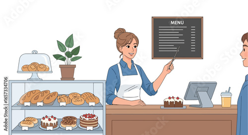 Friendly bakery server explaining menu to customer with display of baked goods