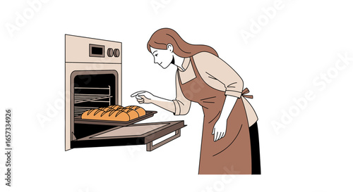 Homemaker bakes delicious bread in oven, homemade bakery concept