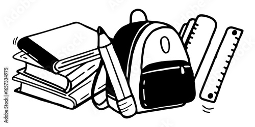 Illustration depicting a backpack with books pencil and rulers in a black and white drawing style