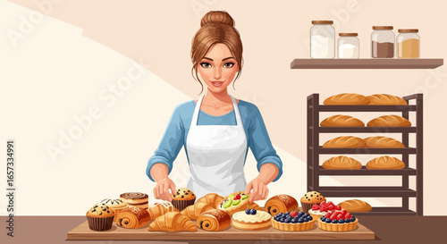 Illustration of a baker with assorted pastries in a cozy bakery setting