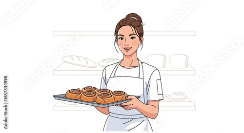 Illustration of a Baker Presenting Freshly Baked Cinnamon Rolls with shelves