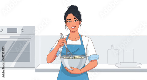 Illustration of a woman making a cake with chocolate chips in the kitchen