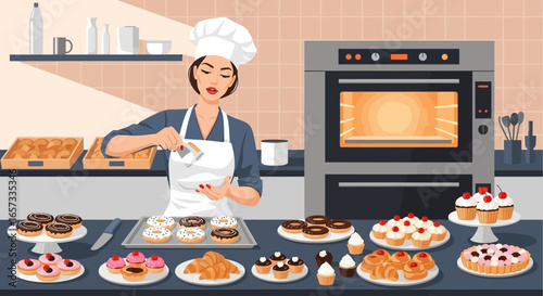 Illustrative baker sprinkling powdered sugar on pastries with oven scene