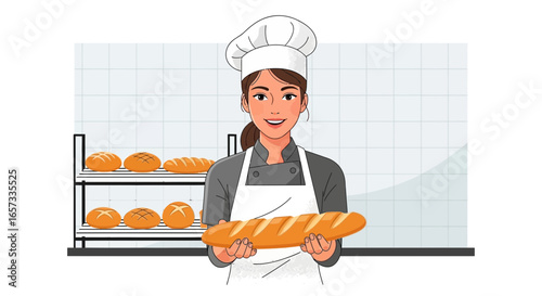Illustrative female baker with fresh bread in a bakery setting smiling proudly