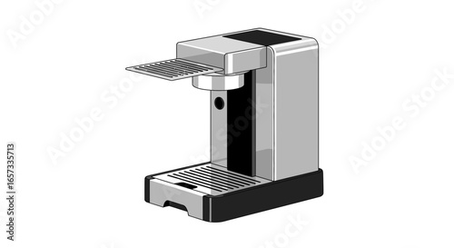 Isometric illustration of a modern, sleek coffee machine, automated system