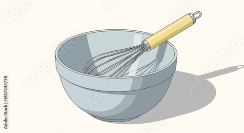 Minimalist kitchenware illustration of a mixing bowl with a wire whisk inside