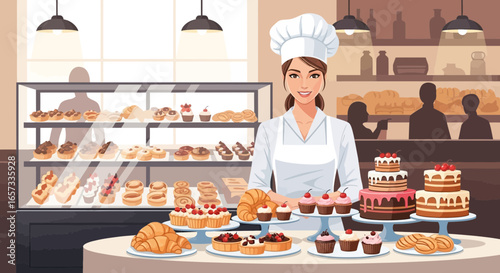 Pastry perfection bakery employee showcases artisanal cakes and sweets