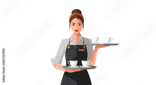 Professional barista carrying coffee cups on tray, isolated vector image