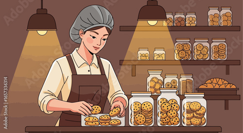 Smiling baker arranging freshly baked cookies in jars on bakery shelves